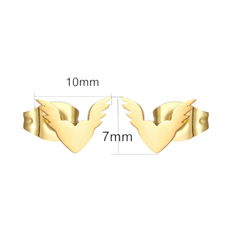 Stalen Hartjes Oorbellen 10x7mm - Goudkleur - Vleugels -