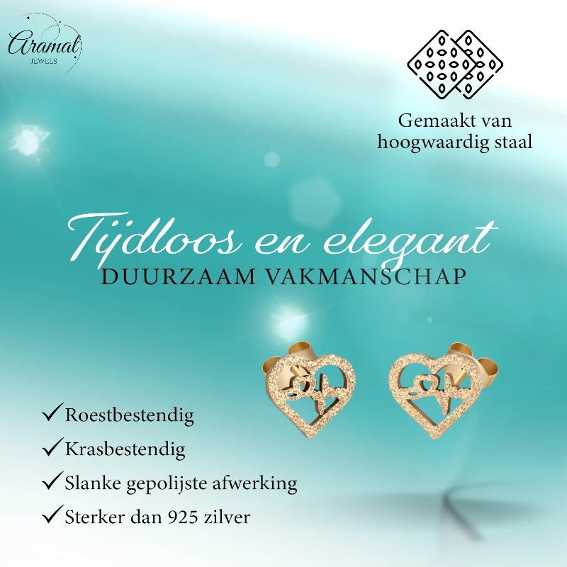 Stalen Hartjes Oorbellen 8mm - Goudkleur - Sandblasted -