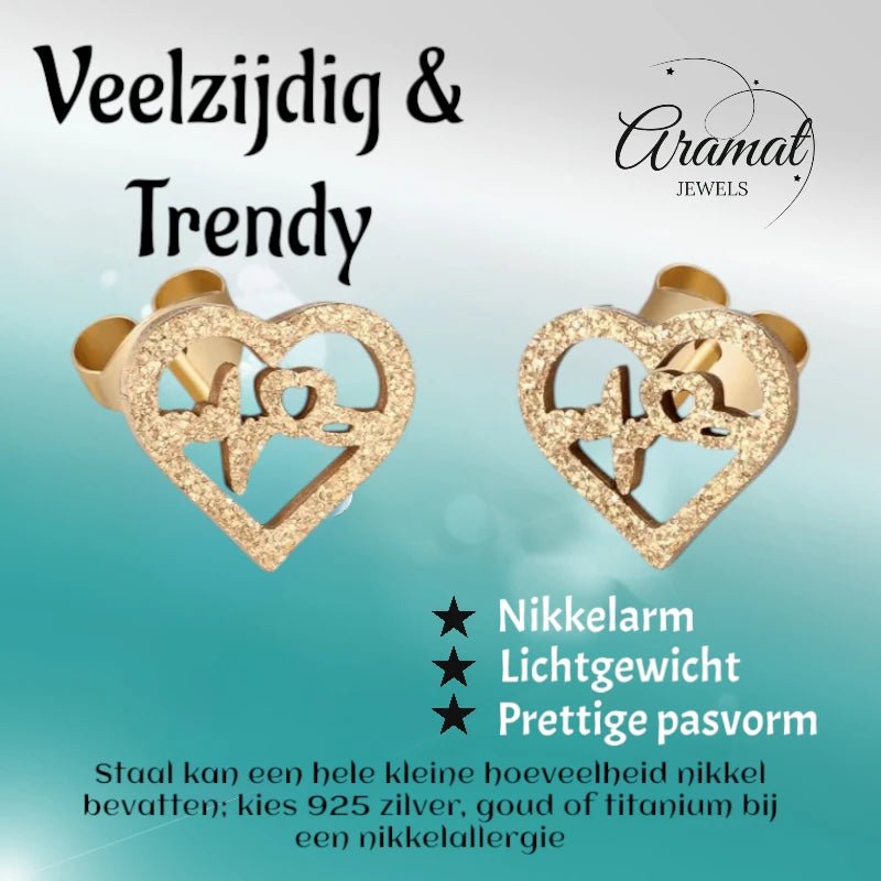 Stalen Hartjes Oorbellen 8mm - Goudkleur - Sandblasted -