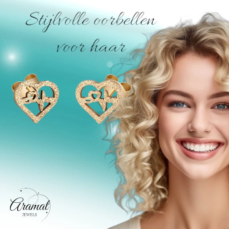 Stalen Hartjes Oorbellen 8mm - Goudkleur - Sandblasted -