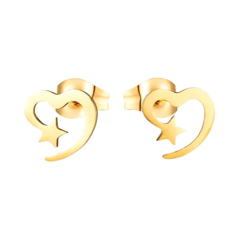 Stalen Hartjes Oorbellen 9mm - Goldplated - Open Hart met Ster -