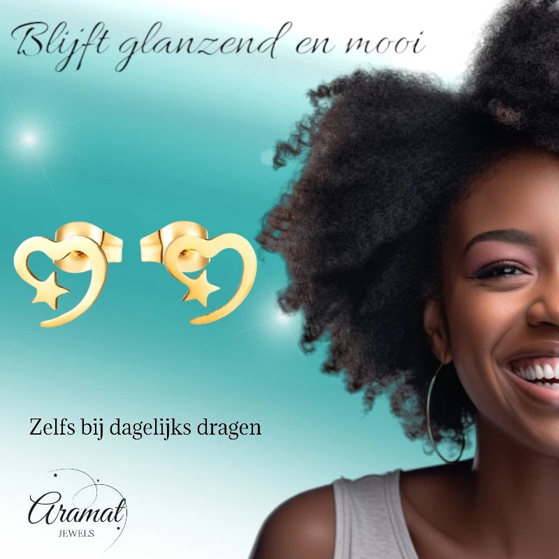 Stalen Hartjes Oorbellen 9mm - Goldplated - Open Hart met Ster -