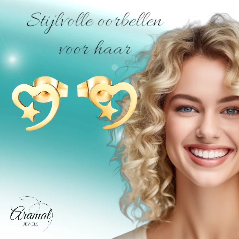 Stalen Hartjes Oorbellen 9mm - Goldplated - Open Hart met Ster -