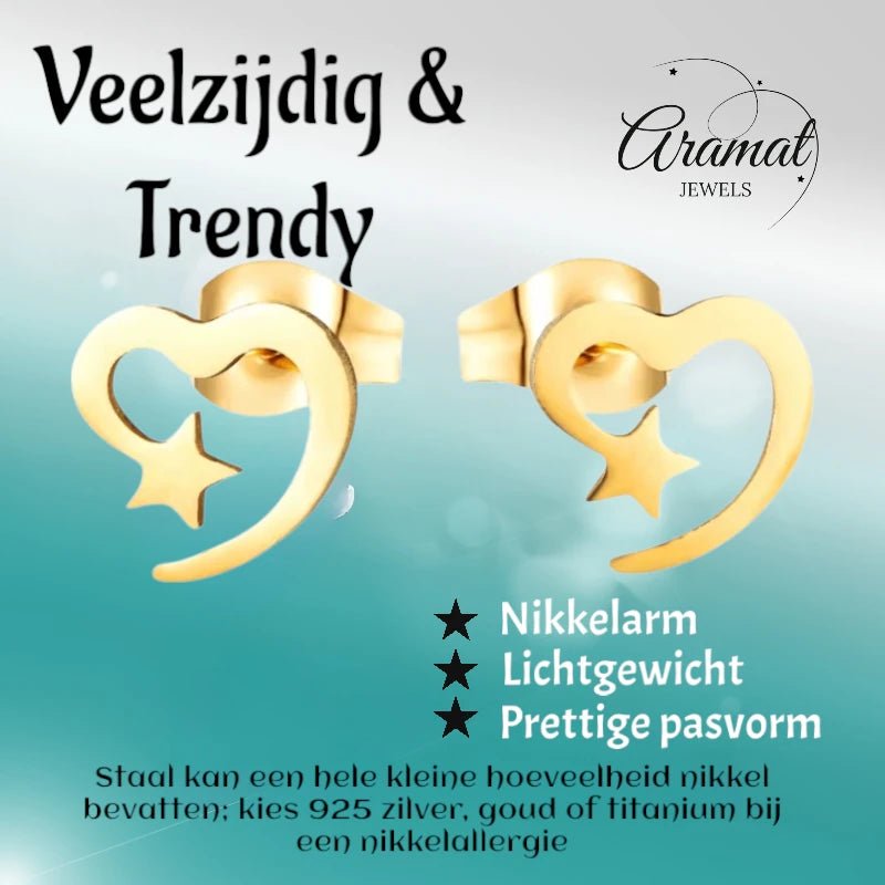 Stalen Hartjes Oorbellen 9mm - Goldplated - Open Hart met Ster -