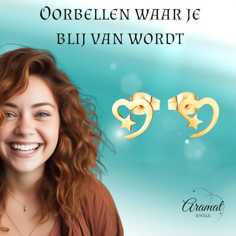 Stalen Hartjes Oorbellen 9mm - Goldplated - Open Hart met Ster -