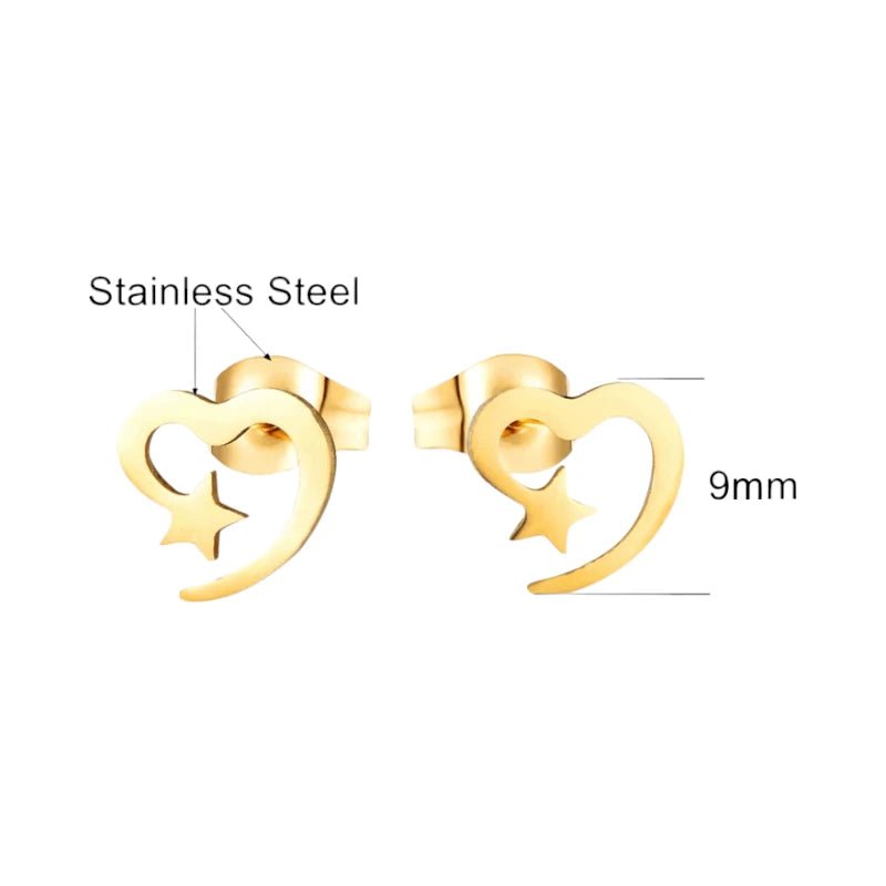 Stalen Hartjes Oorbellen 9mm - Goldplated - Open Hart met Ster -