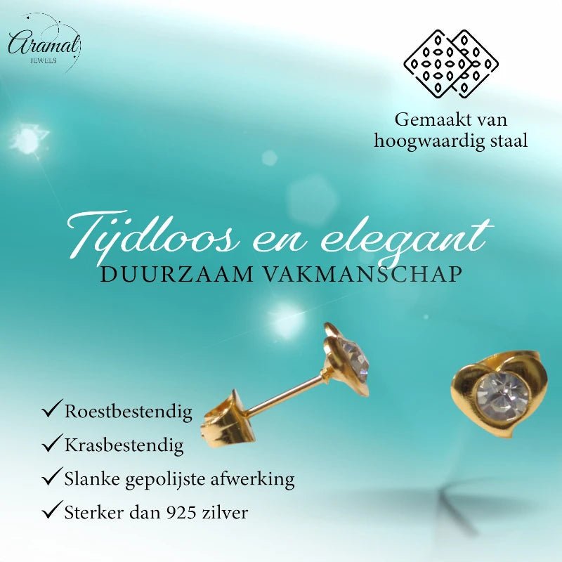 Stalen Hartjes Oorbellen 7x8mm - Goudkleur - Kristal -