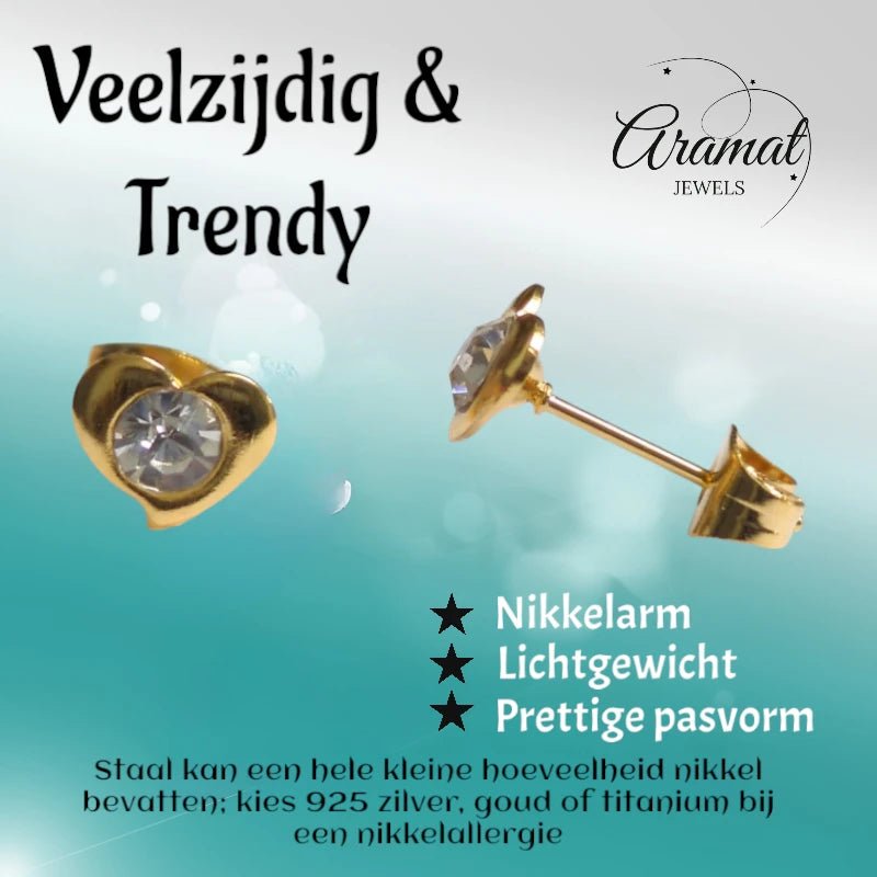 Stalen Hartjes Oorbellen 7x8mm - Goudkleur - Kristal -