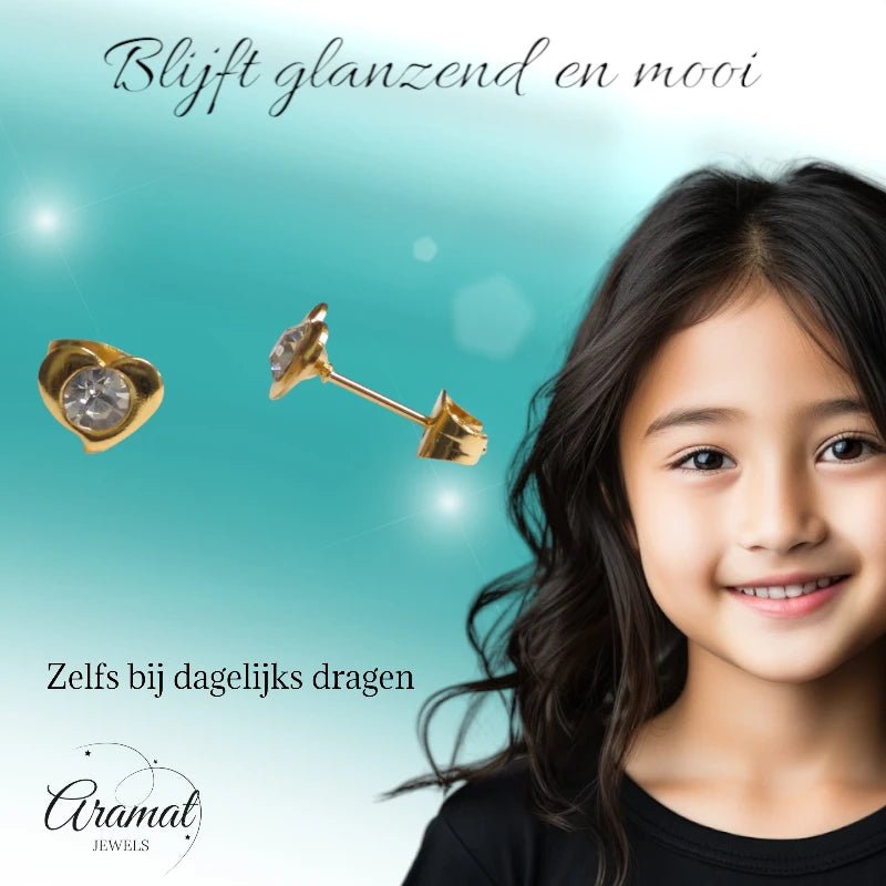 Stalen Hartjes Oorbellen 7x8mm - Goudkleur - Kristal -