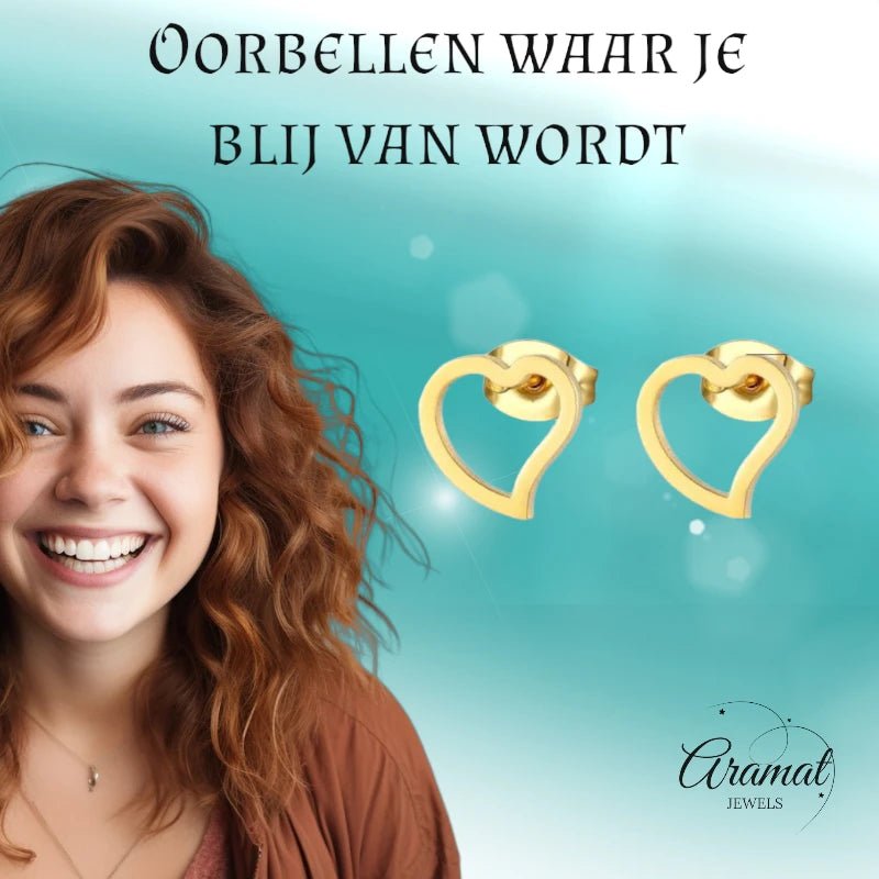 Stalen Hartjes Oorbellen 9mm - Goudkleur - Open Hart -
