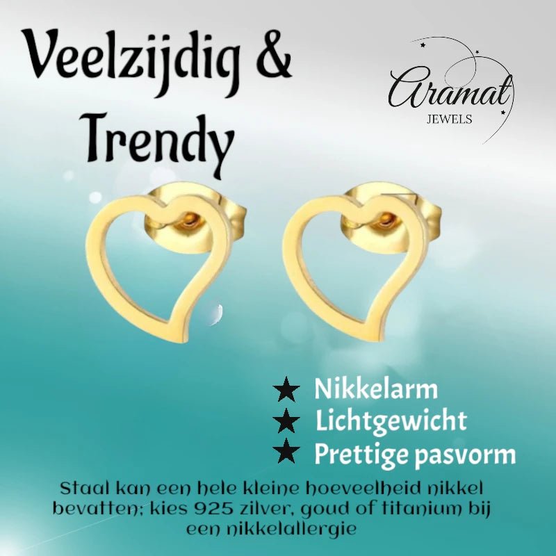 Stalen Hartjes Oorbellen 9mm - Goudkleur - Open Hart -
