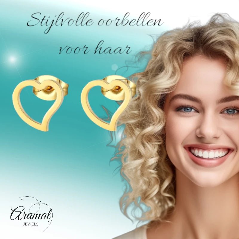 Stalen Hartjes Oorbellen 9mm - Goudkleur - Open Hart -