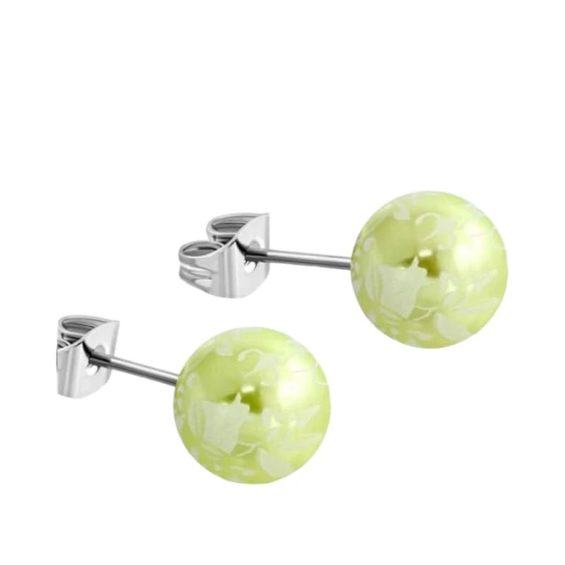 Ronde Spetter Oorbellen 6mm - Lichtgroen/Wit/Zilverkleur -