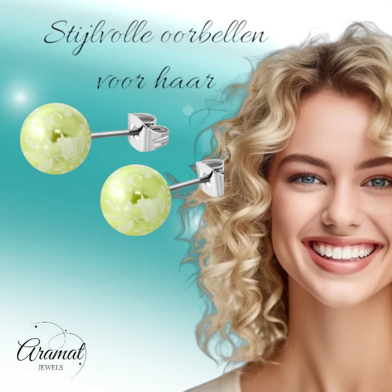 Ronde Spetter Oorbellen 6mm - Lichtgroen/Wit/Zilverkleur -