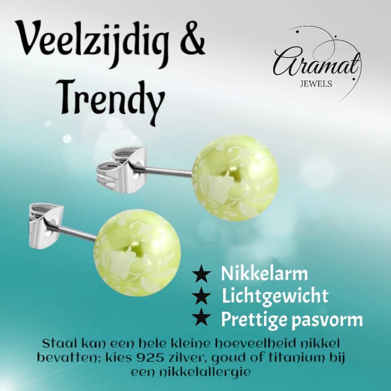 Ronde Spetter Oorbellen 6mm - Lichtgroen/Wit/Zilverkleur -