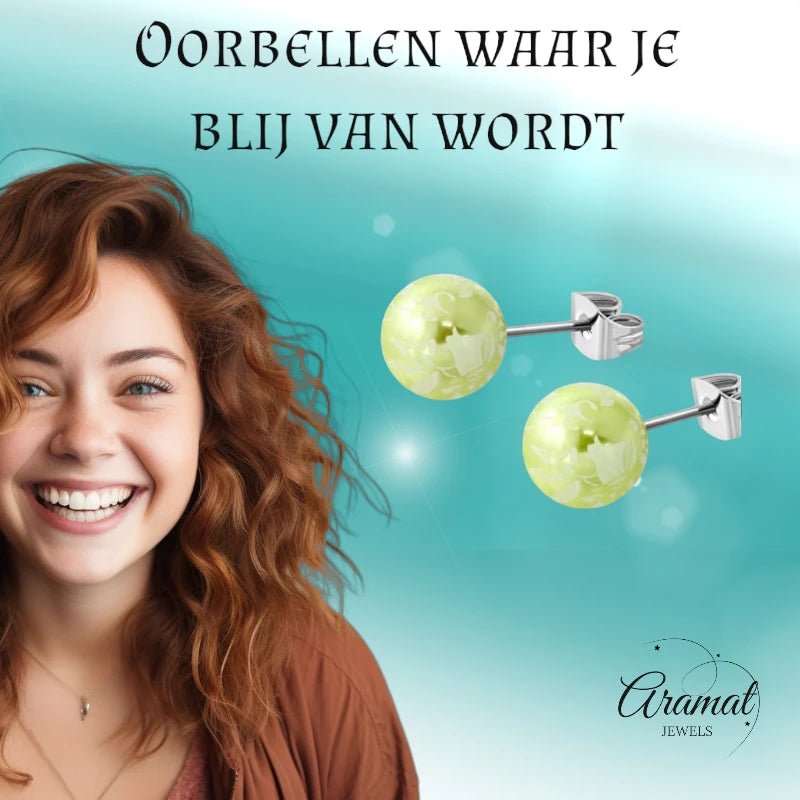Ronde Spetter Oorbellen 6mm - Lichtgroen/Wit/Zilverkleur -