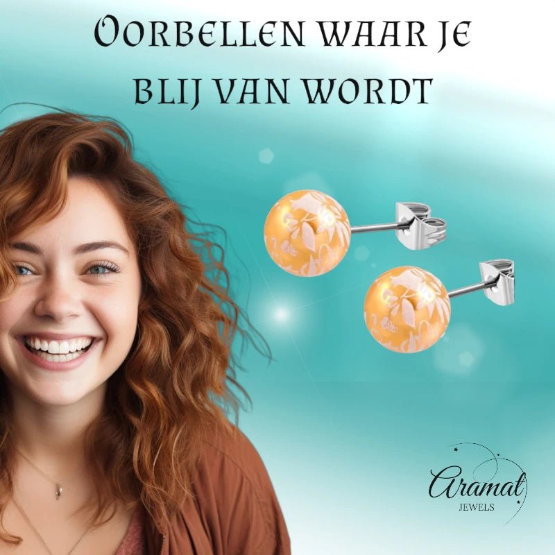 Ronde Spetter Oorbellen 6mm - Oranje/Wit/Zilverkleur - Uniek -