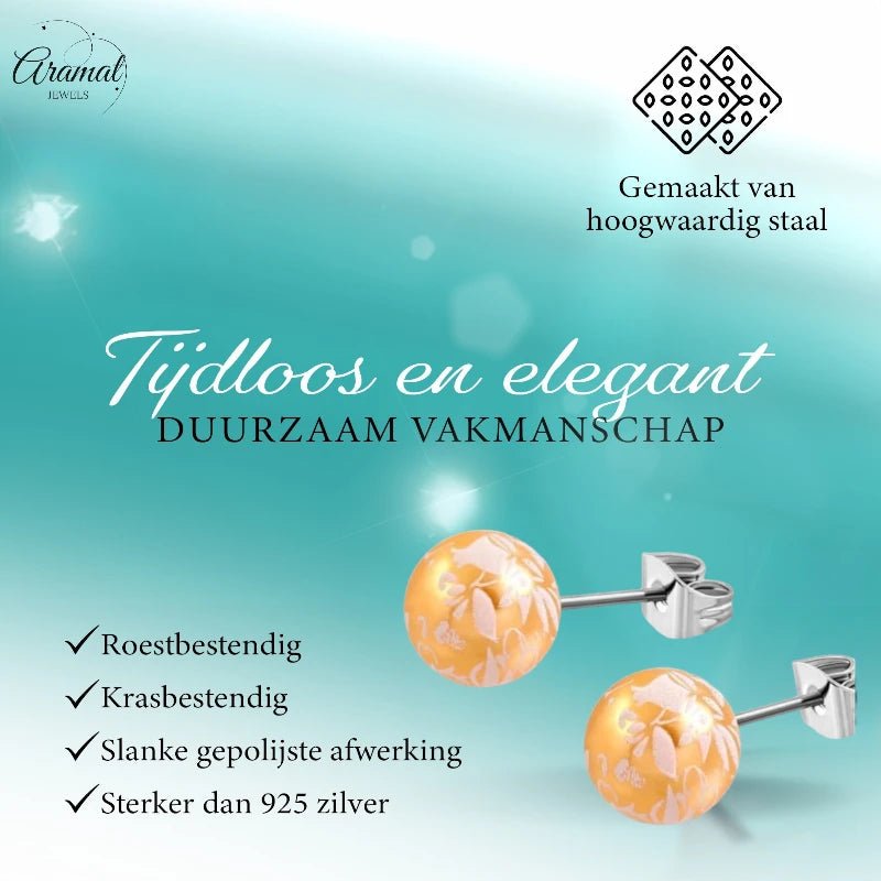 Ronde Spetter Oorbellen 6mm - Oranje/Wit/Zilverkleur - Uniek -