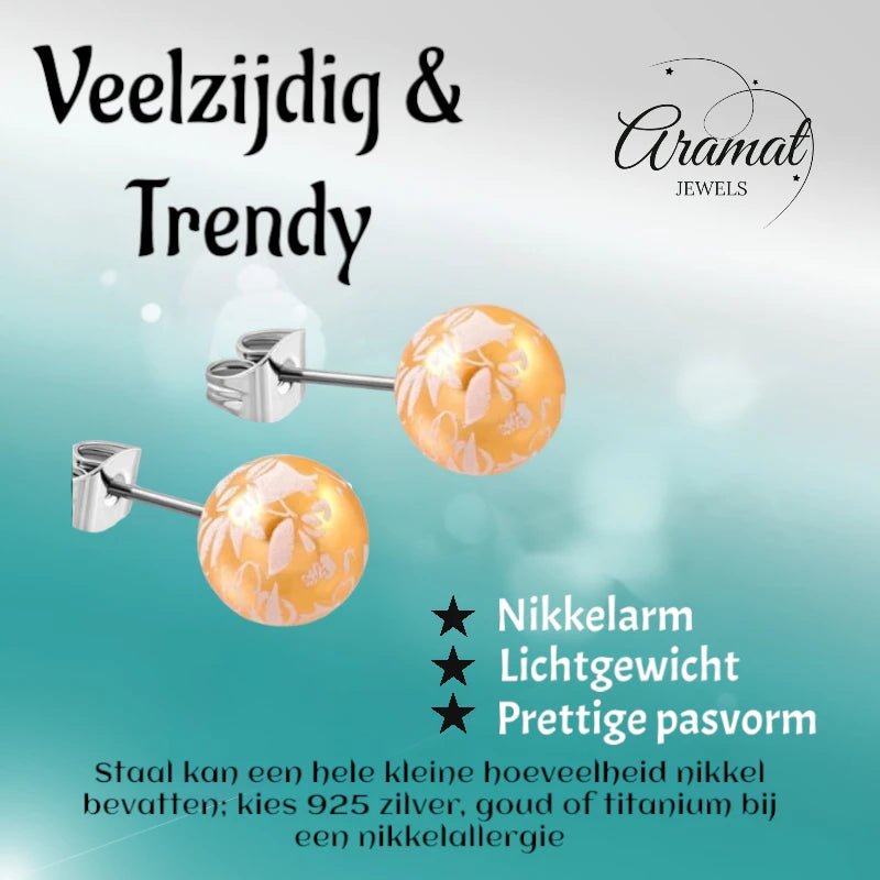 Ronde Spetter Oorbellen 6mm - Oranje/Wit/Zilverkleur - Uniek -