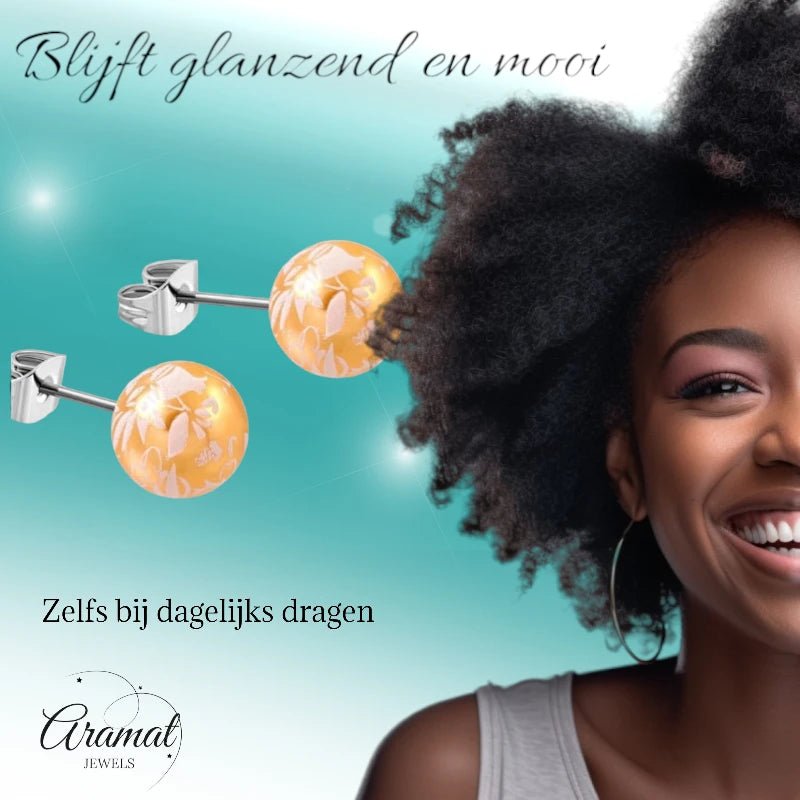 Ronde Spetter Oorbellen 6mm - Oranje/Wit/Zilverkleur - Uniek -