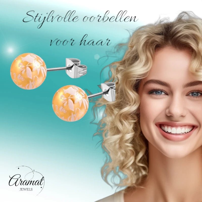 Ronde Spetter Oorbellen 6mm - Oranje/Wit/Zilverkleur - Uniek -