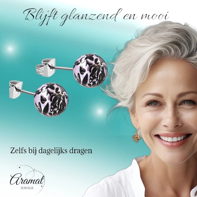Zwart-Zilverkleur Spetter Oorbellen 6mm - RVS & Acryl -