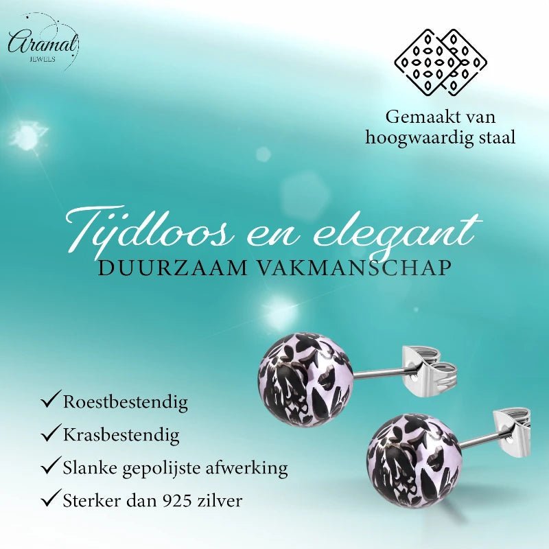 Zwart-Zilverkleur Spetter Oorbellen 6mm - RVS & Acryl -