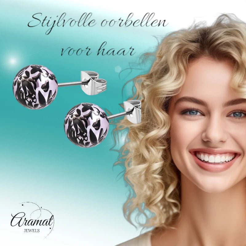 Zwart-Zilverkleur Spetter Oorbellen 6mm - RVS & Acryl -