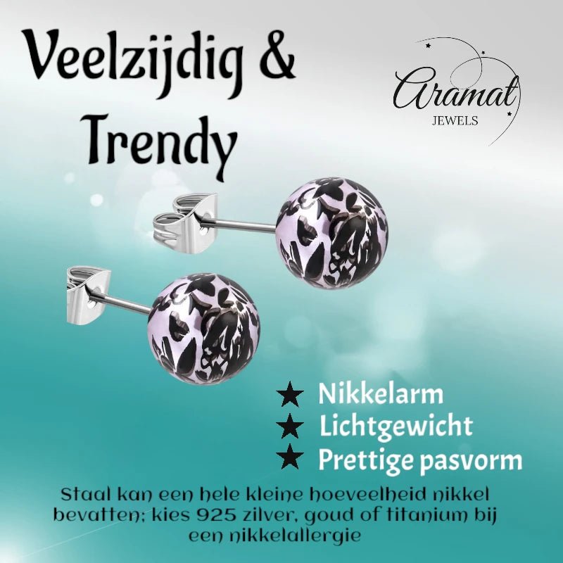Zwart-Zilverkleur Spetter Oorbellen 6mm - RVS & Acryl -