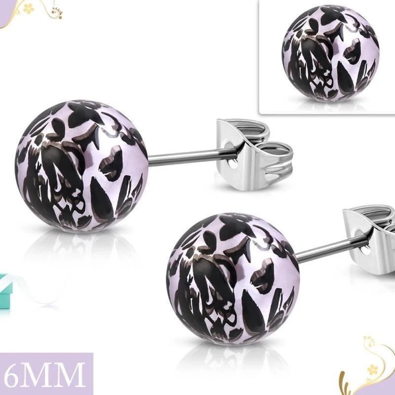 Zwart-Zilverkleur Spetter Oorbellen 6mm - RVS & Acryl -