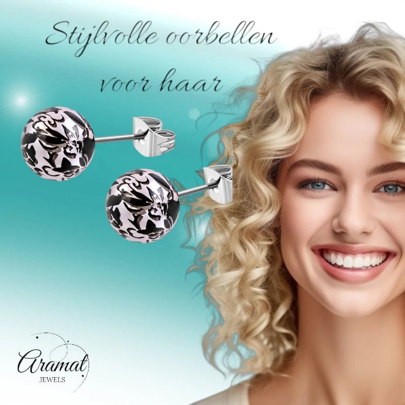 Ronde Spetter Oorbellen 6mm - Zwart/Roze - Uniek -