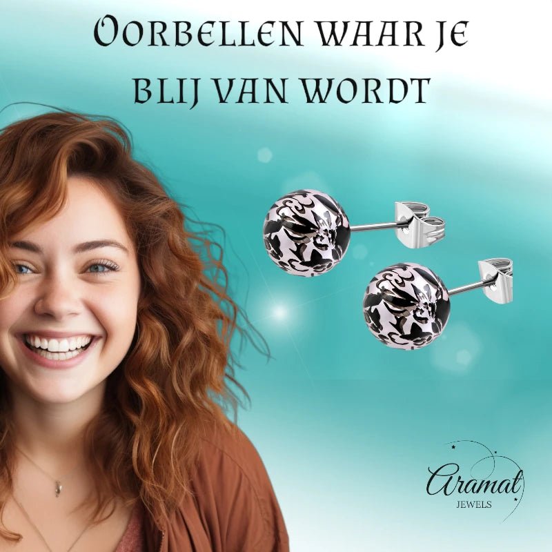 Ronde Spetter Oorbellen 6mm - Zwart/Roze - Uniek -