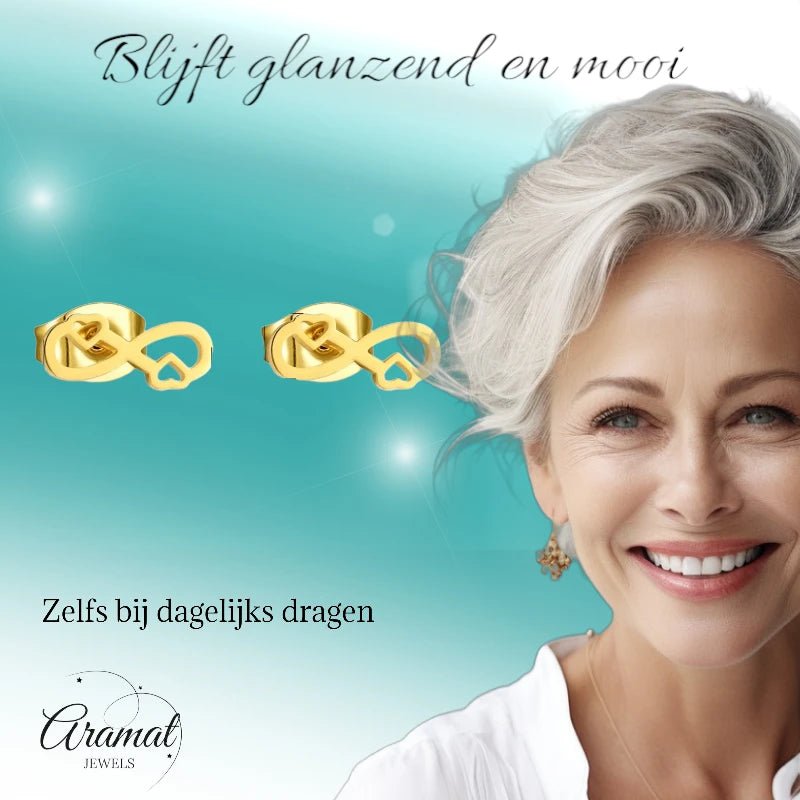Infinity Oorbellen 9x3mm - Goudkleur - Hartjes & Oneindig Symbool -