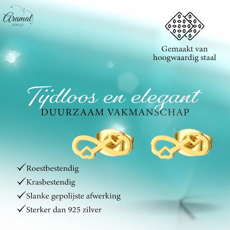 Infinity Oorbellen 9x3mm - Goudkleur - Hartjes & Oneindig Symbool -