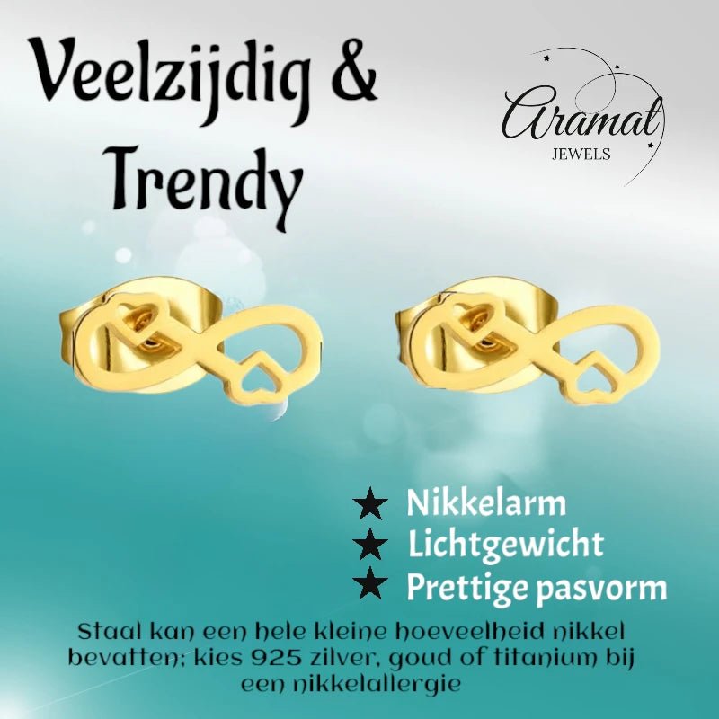 Infinity Oorbellen 9x3mm - Goudkleur - Hartjes & Oneindig Symbool -