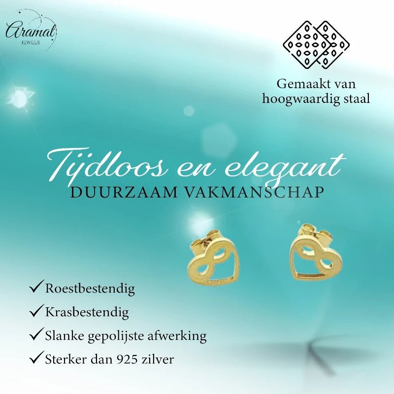 RVS Infinity Oorbellen Goudkleur met Hartje 9x4mm - Forever Symbool -