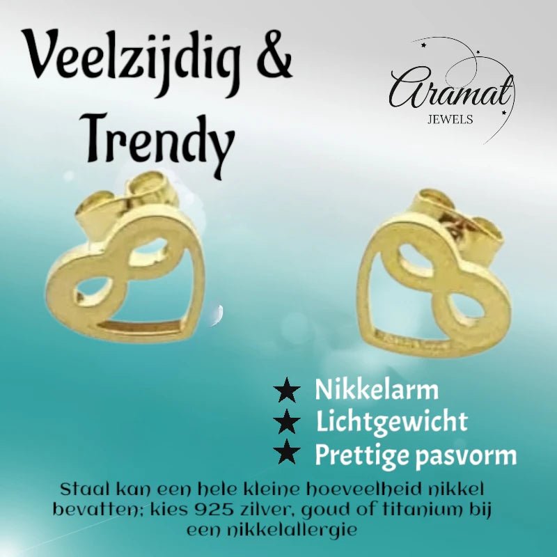 RVS Infinity Oorbellen Goudkleur met Hartje 9x4mm - Forever Symbool -