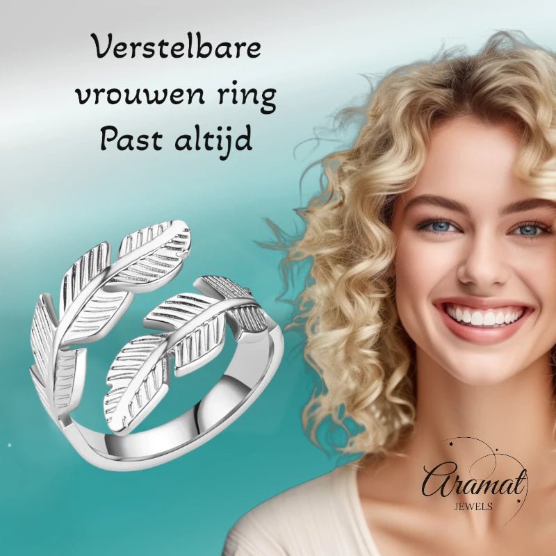 RVS Damesring Verstelbaar &acirc;&euro;&ldquo; Brede Open Veertjesvorm &acirc;&euro;&ldquo; 15 mm - 