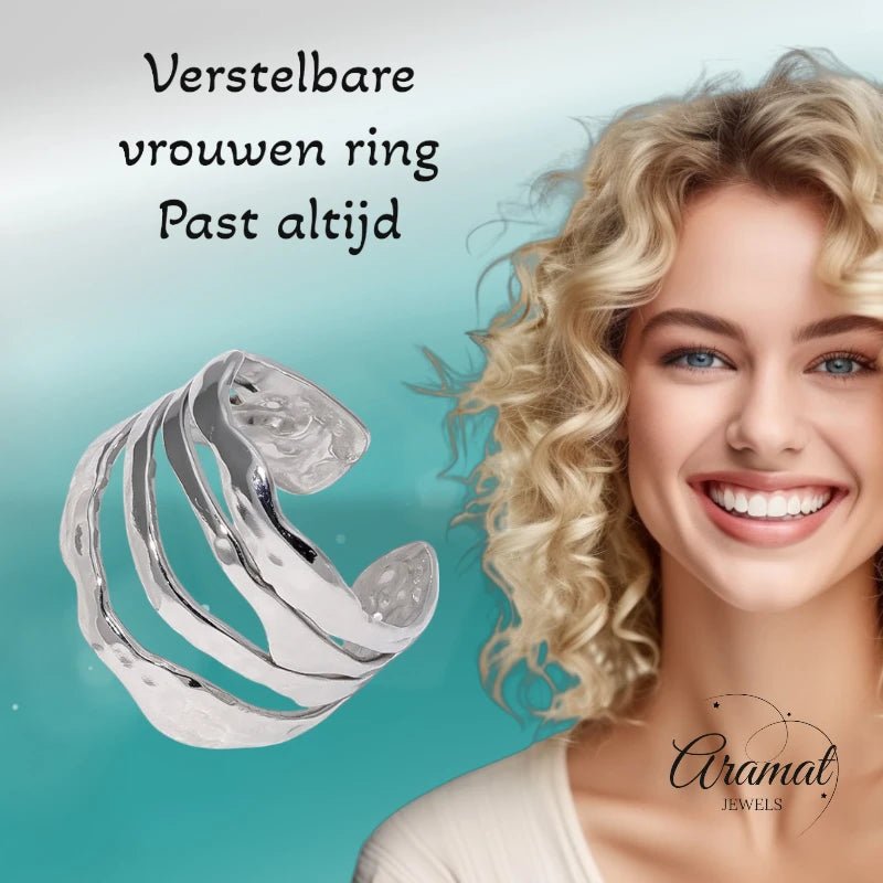 RVS Damesring Verstelbaar &acirc;&euro;&ldquo; 4 Grillige Lijnen &acirc;&euro;&ldquo; 17 mm - Zilver