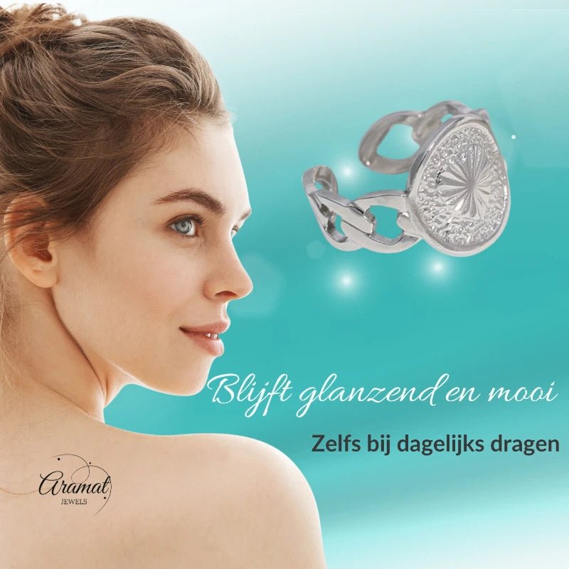 Damesring Verstelbaar &acirc;&euro;&ldquo; Schakels met Hartje in Cirkel &acirc;&euro;&ldquo; One Si