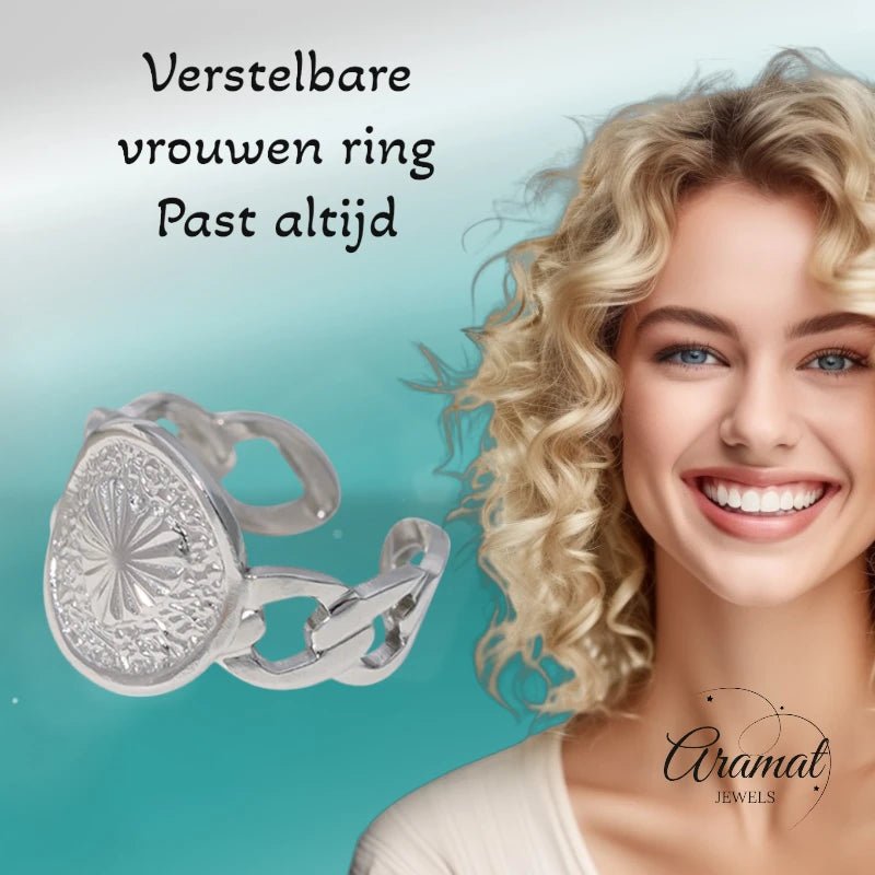 Damesring Verstelbaar &acirc;&euro;&ldquo; Schakels met Hartje in Cirkel &acirc;&euro;&ldquo; One Si