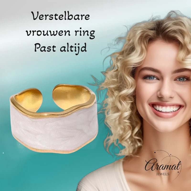 Damesring Verstelbaar &acirc;&euro;&ldquo; Open Ring met Witte Parelmoer Inlay &acirc;&euro;&ldquo; 