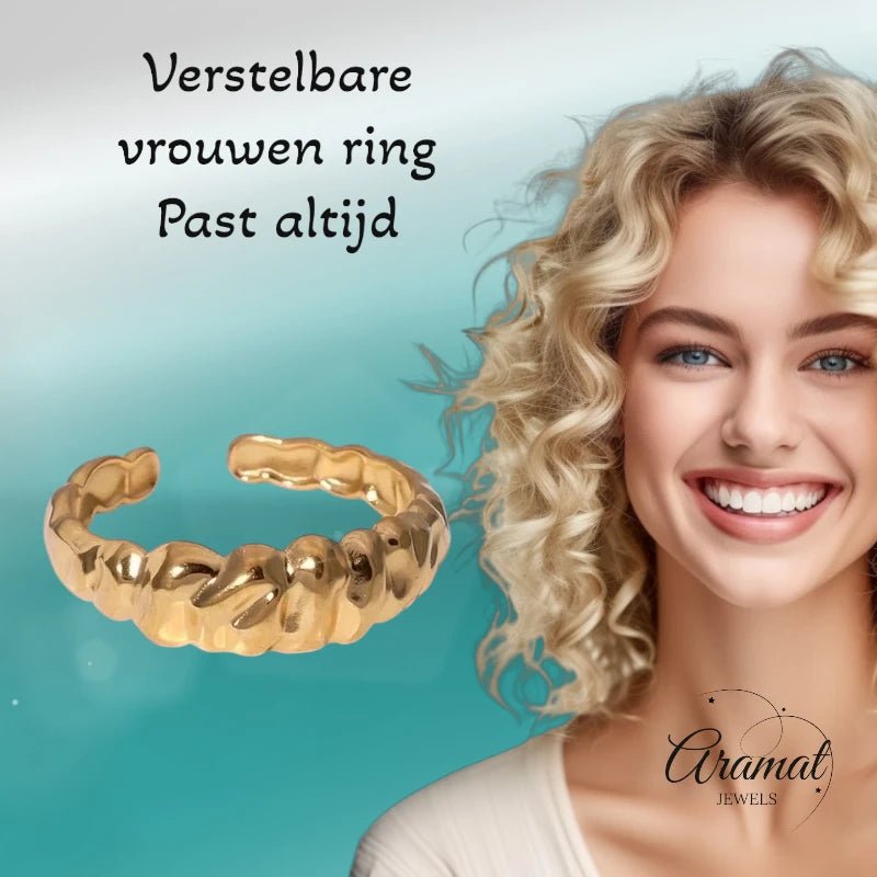 Damesring Verstelbaar &acirc;&euro;&ldquo; Open Ring met Motief &acirc;&euro;&ldquo; One Size - Goud