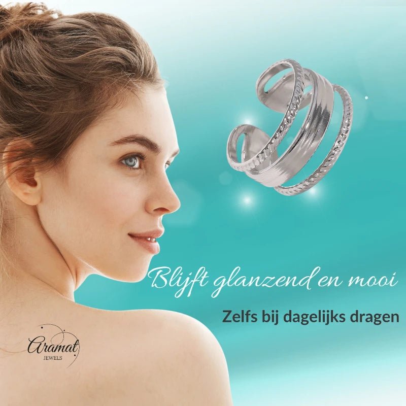 Damesring Verstelbaar - Open Ring Mode Streep - One Size - Goudkleur -