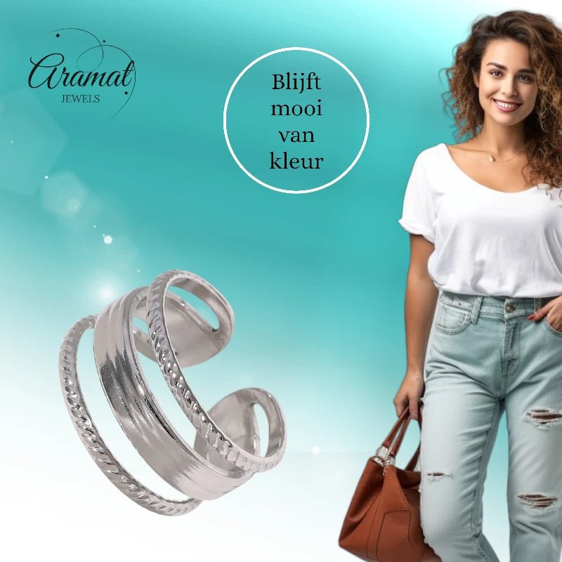 Damesring Verstelbaar - Open Ring Mode Streep - One Size - Goudkleur -