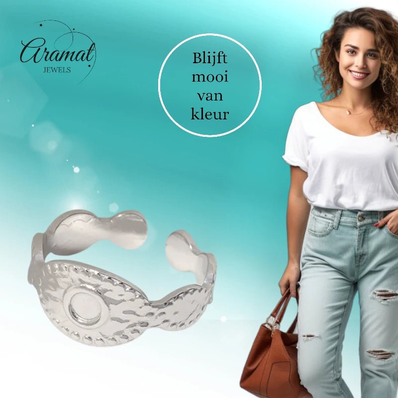 RVS Verstelbare Ring - Oog Motief met Dots - One Size - Goudkleur -