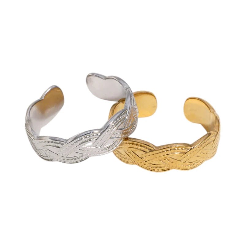 RVS Verstelbare Open Ring - Gevlochten Met Dots - One Size - Goudkleur -