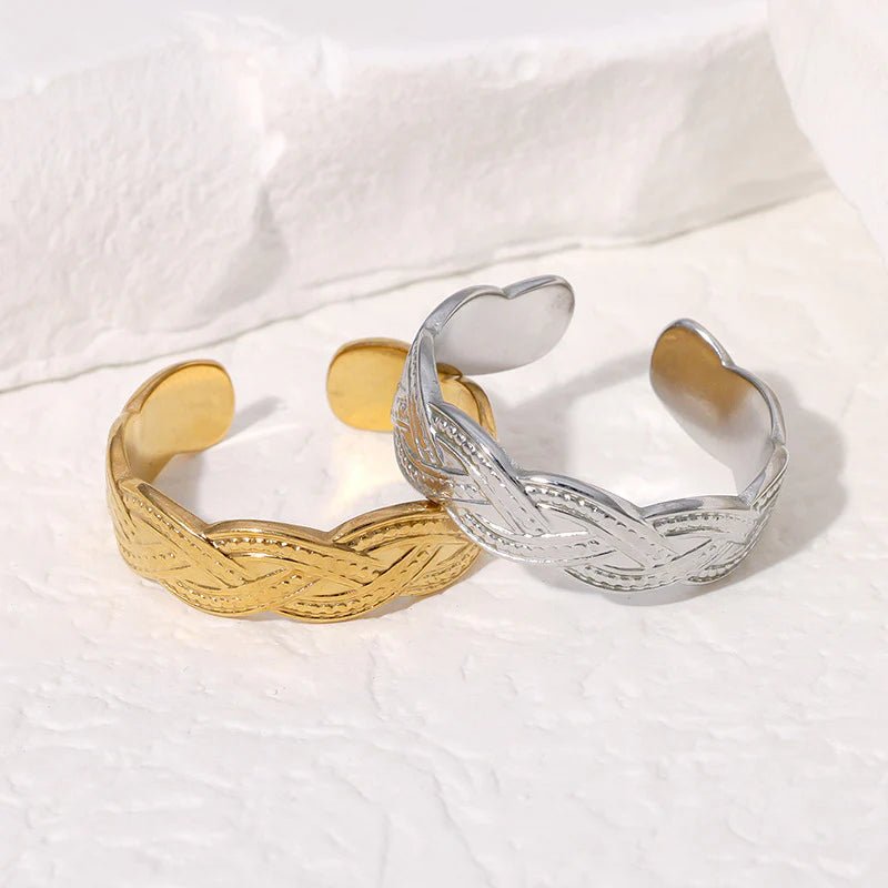 RVS Verstelbare Open Ring - Gevlochten Met Dots - One Size - Goudkleur -