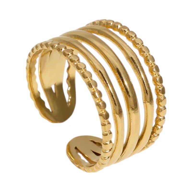 RVS Verstelbare Open Ring - 5 Strepen (3 Glad & 2 Dots) - One Size - Goudkleur -