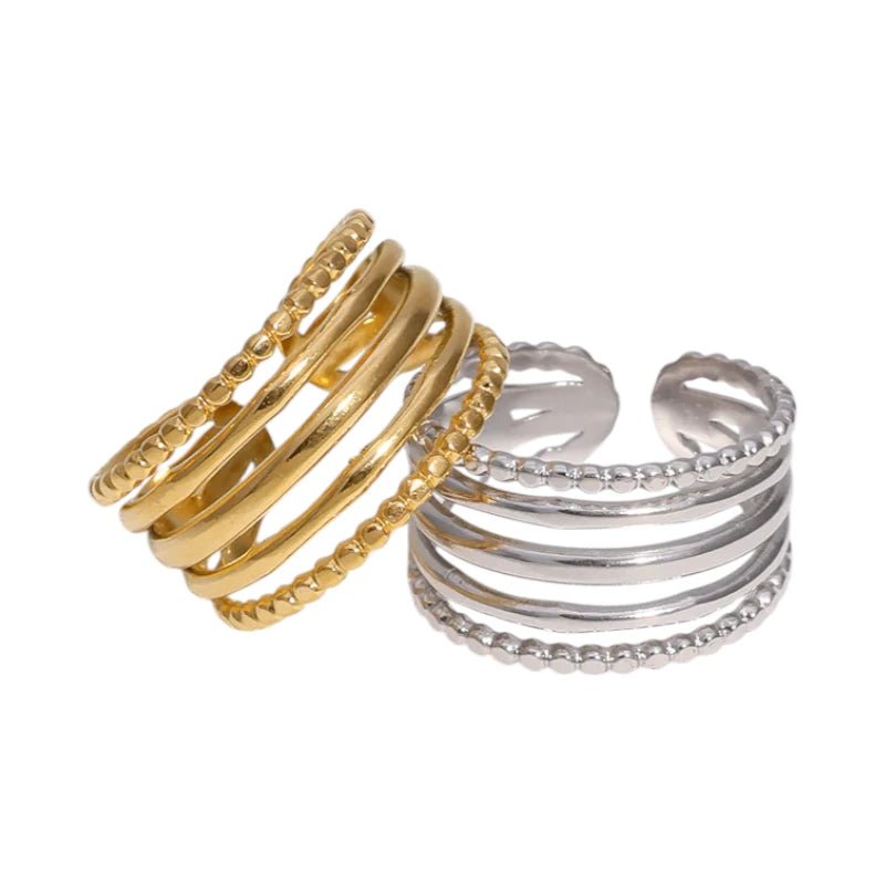 RVS Verstelbare Open Ring - 5 Strepen (3 Glad & 2 Dots) - One Size - Goudkleur -